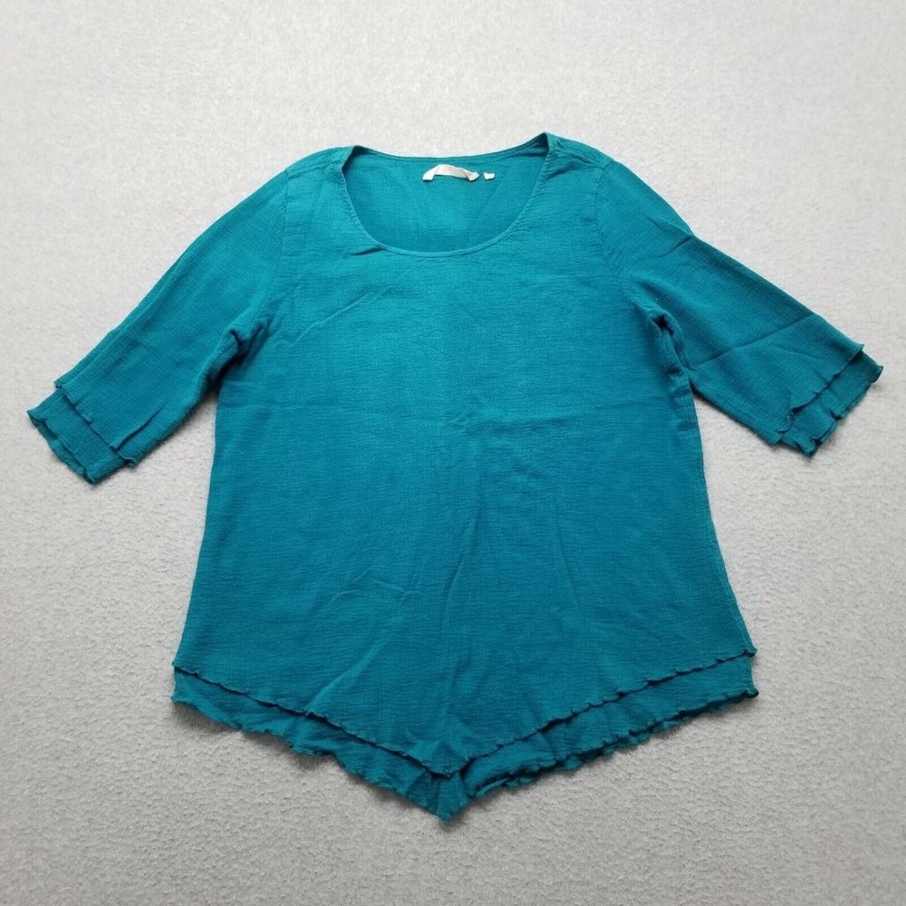Soft Surroundings Shirt Womens Large Blue Green Cyan Round Neck Long Sleeve